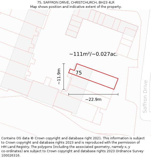 75, SAFFRON DRIVE, CHRISTCHURCH, BH23 4LR: Plot and title map