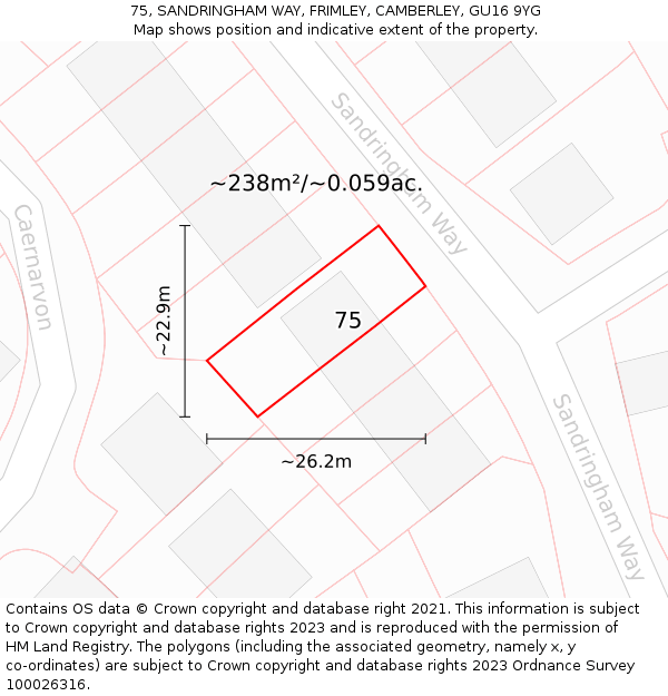 75, SANDRINGHAM WAY, FRIMLEY, CAMBERLEY, GU16 9YG: Plot and title map