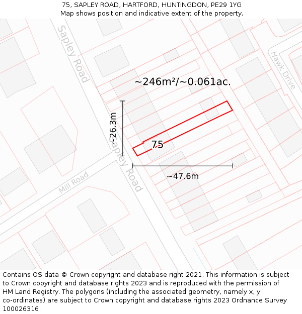 75, SAPLEY ROAD, HARTFORD, HUNTINGDON, PE29 1YG: Plot and title map