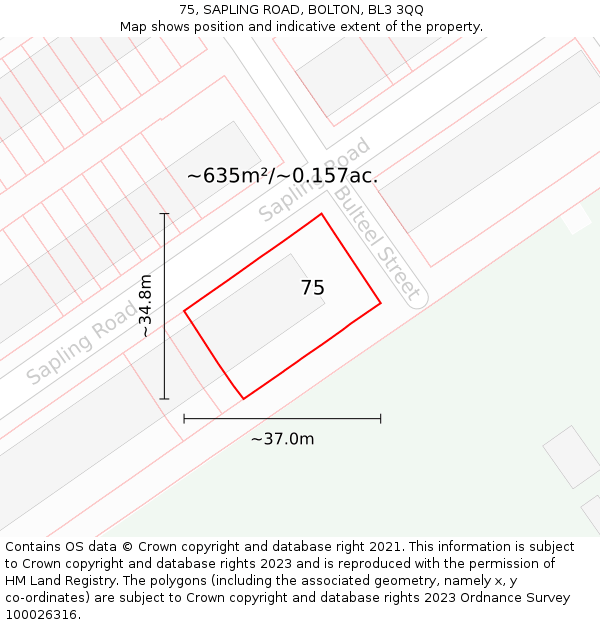 75, SAPLING ROAD, BOLTON, BL3 3QQ: Plot and title map