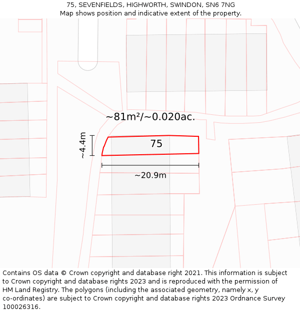 75, SEVENFIELDS, HIGHWORTH, SWINDON, SN6 7NG: Plot and title map