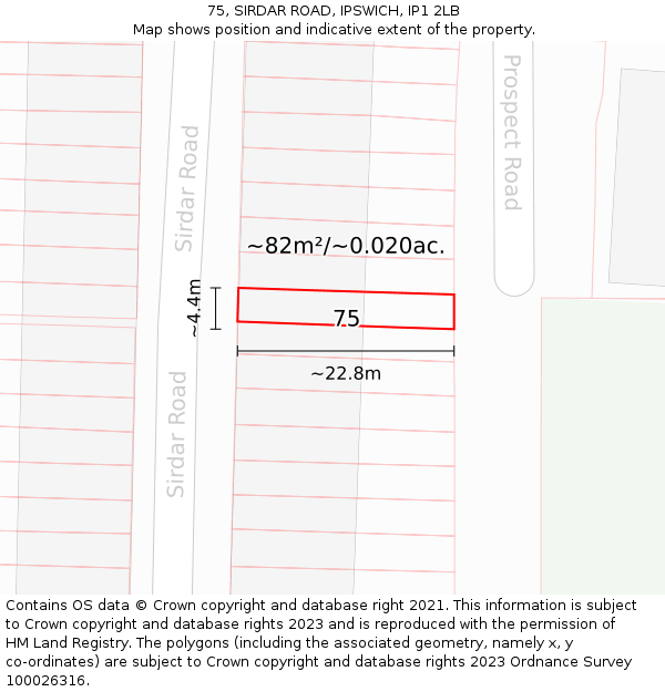75, SIRDAR ROAD, IPSWICH, IP1 2LB: Plot and title map
