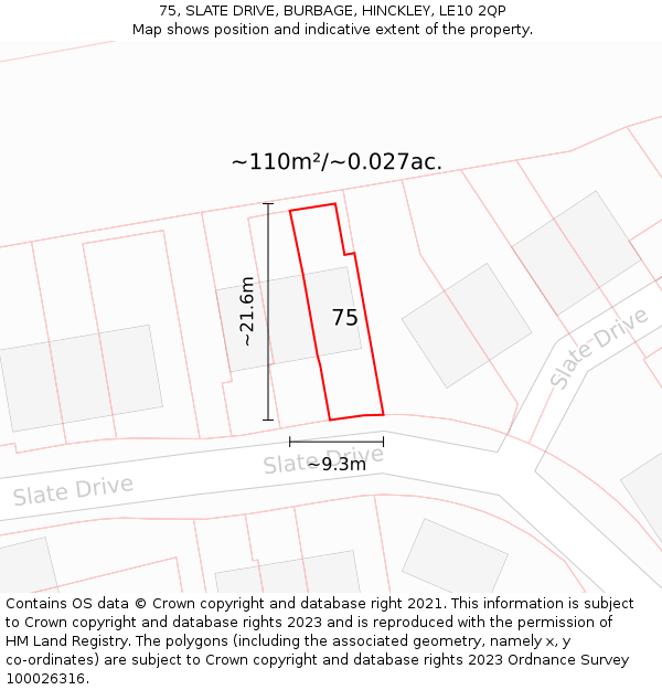 75, SLATE DRIVE, BURBAGE, HINCKLEY, LE10 2QP: Plot and title map