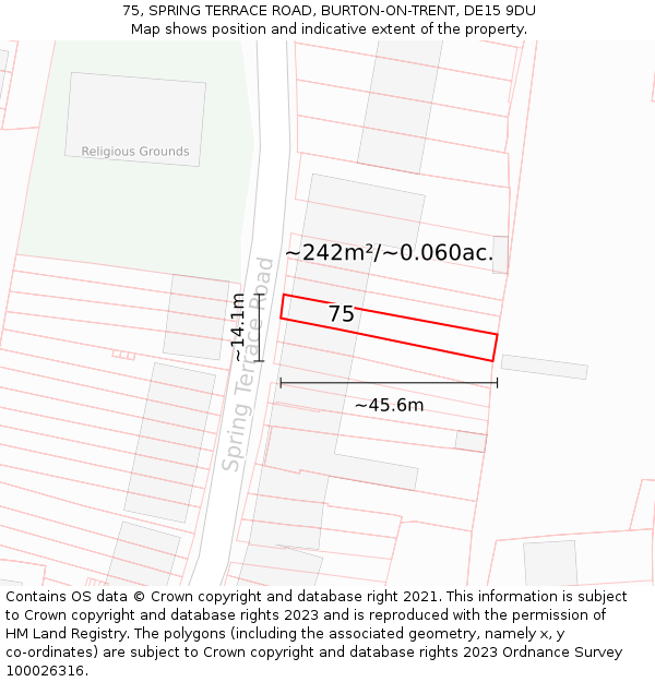 75, SPRING TERRACE ROAD, BURTON-ON-TRENT, DE15 9DU: Plot and title map