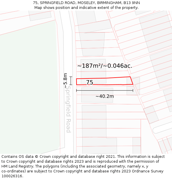 75, SPRINGFIELD ROAD, MOSELEY, BIRMINGHAM, B13 9NN: Plot and title map