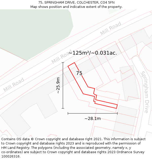 75, SPRINGHAM DRIVE, COLCHESTER, CO4 5FN: Plot and title map