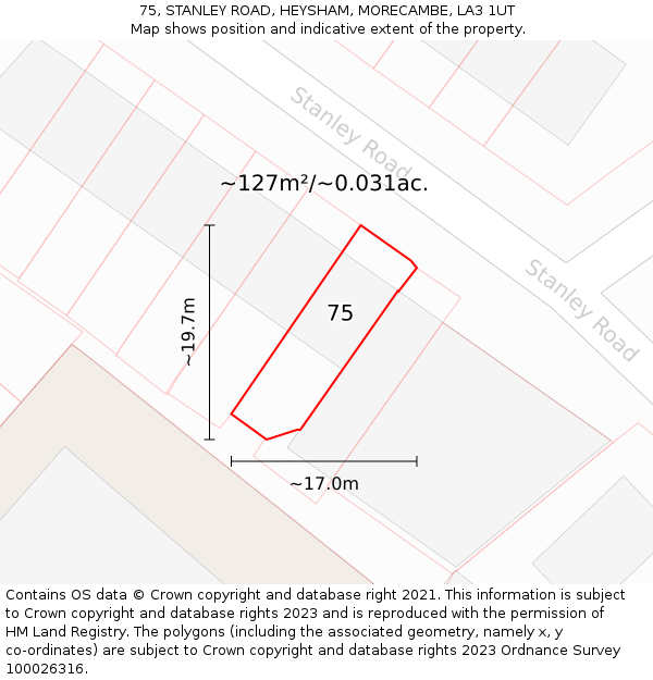 75, STANLEY ROAD, HEYSHAM, MORECAMBE, LA3 1UT: Plot and title map