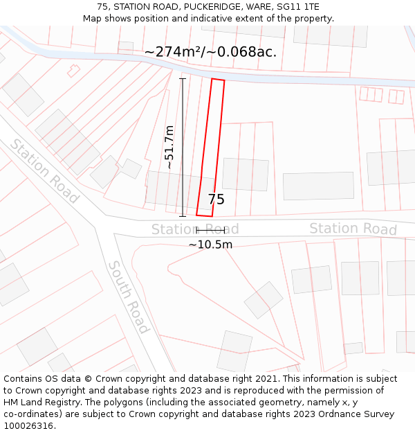 75, STATION ROAD, PUCKERIDGE, WARE, SG11 1TE: Plot and title map