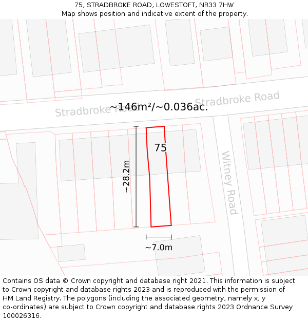 75, STRADBROKE ROAD, LOWESTOFT, NR33 7HW: Plot and title map