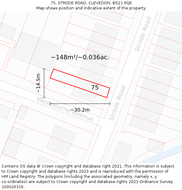 75, STRODE ROAD, CLEVEDON, BS21 6QE: Plot and title map