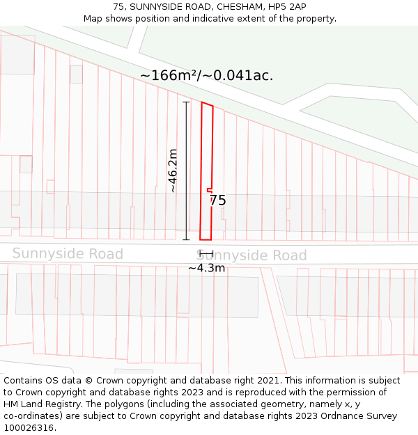 75, SUNNYSIDE ROAD, CHESHAM, HP5 2AP: Plot and title map