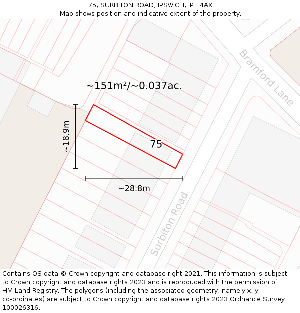 75, SURBITON ROAD, IPSWICH, IP1 4AX: Plot and title map