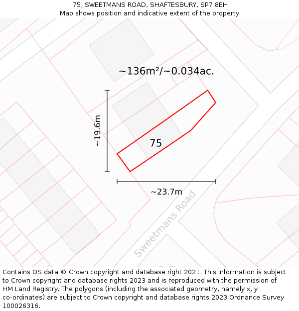 75, SWEETMANS ROAD, SHAFTESBURY, SP7 8EH: Plot and title map