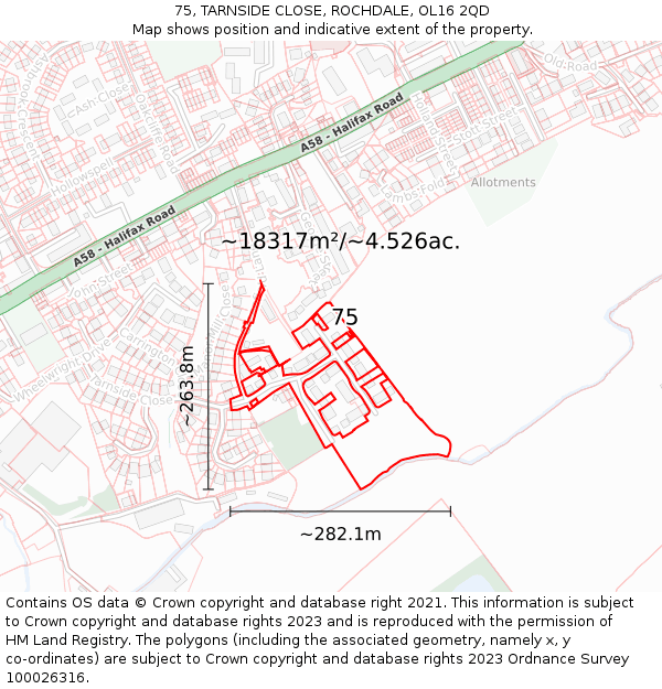 75, TARNSIDE CLOSE, ROCHDALE, OL16 2QD: Plot and title map