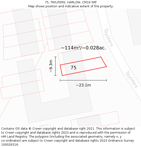 75, TAYLIFERS, HARLOW, CM19 5RF: Plot and title map