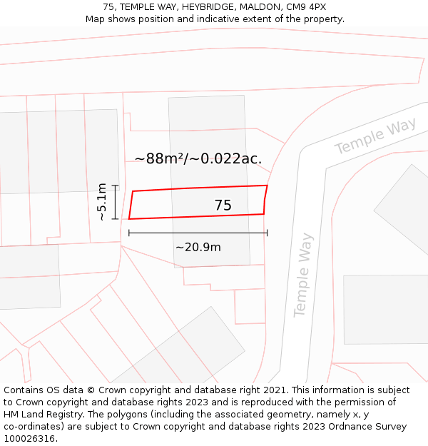 75, TEMPLE WAY, HEYBRIDGE, MALDON, CM9 4PX: Plot and title map