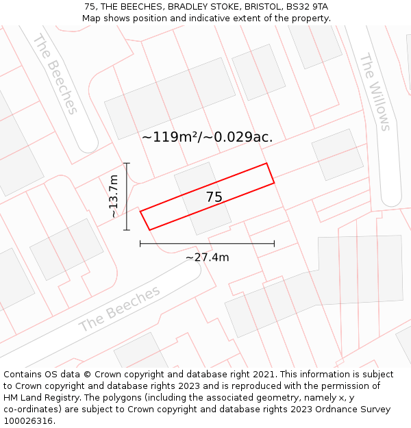 75, THE BEECHES, BRADLEY STOKE, BRISTOL, BS32 9TA: Plot and title map