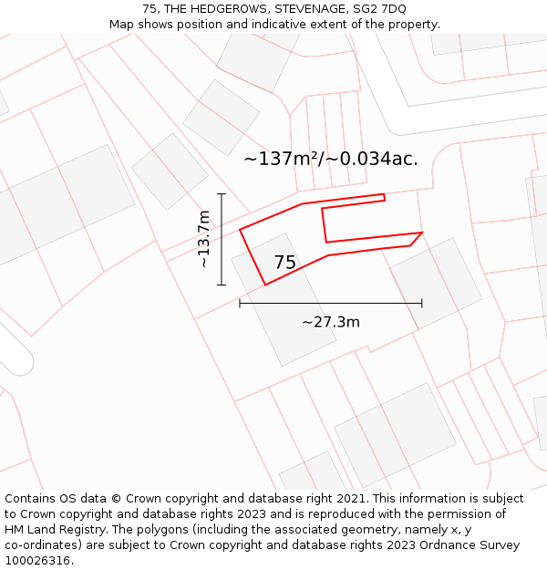 75, THE HEDGEROWS, STEVENAGE, SG2 7DQ: Plot and title map