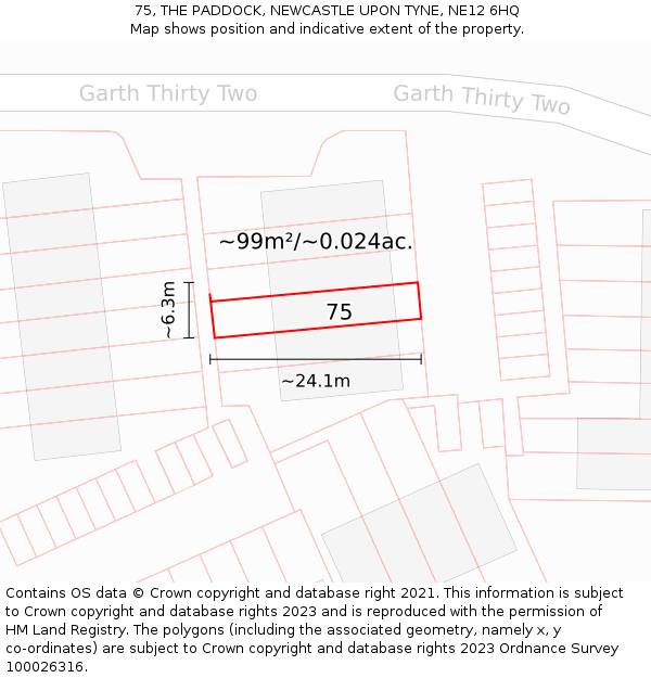 75, THE PADDOCK, NEWCASTLE UPON TYNE, NE12 6HQ: Plot and title map