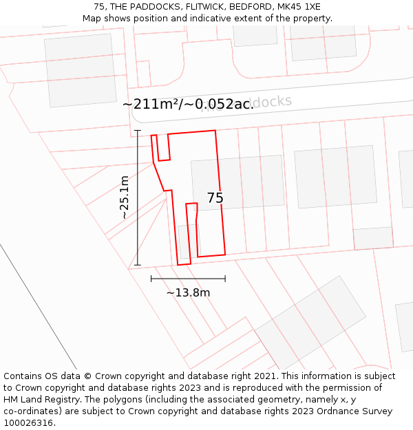 75, THE PADDOCKS, FLITWICK, BEDFORD, MK45 1XE: Plot and title map