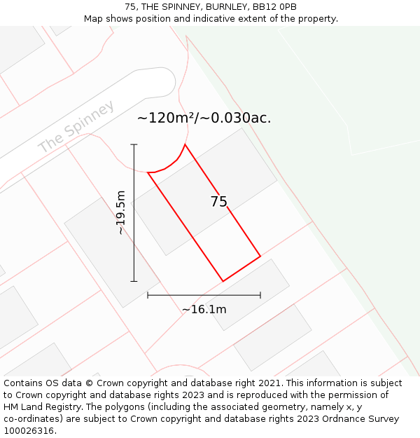 75, THE SPINNEY, BURNLEY, BB12 0PB: Plot and title map