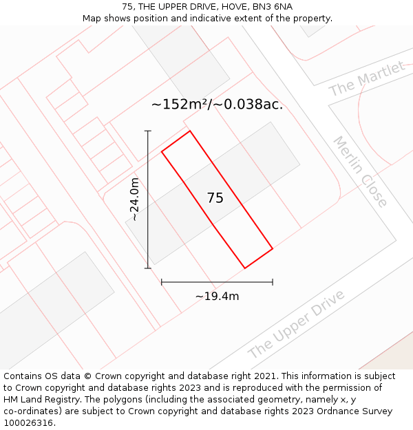 75, THE UPPER DRIVE, HOVE, BN3 6NA: Plot and title map