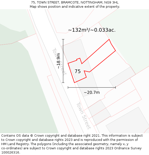 75, TOWN STREET, BRAMCOTE, NOTTINGHAM, NG9 3HL: Plot and title map