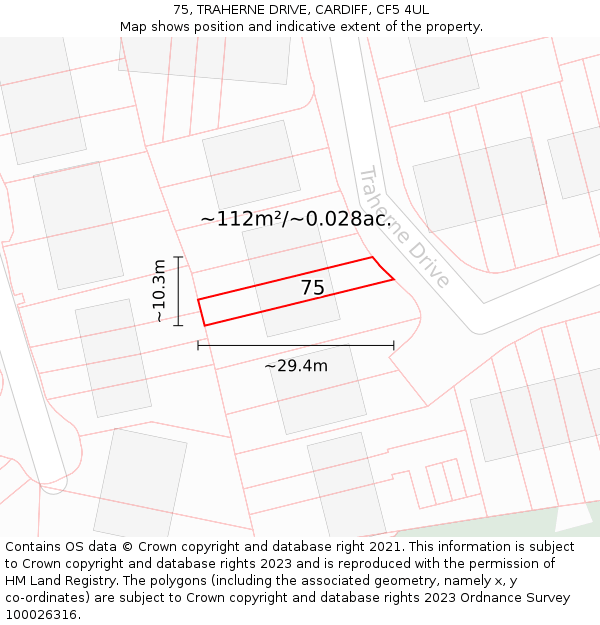 75, TRAHERNE DRIVE, CARDIFF, CF5 4UL: Plot and title map