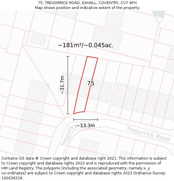 75, TREGORRICK ROAD, EXHALL, COVENTRY, CV7 9FH: Plot and title map