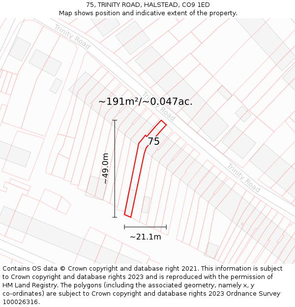 75, TRINITY ROAD, HALSTEAD, CO9 1ED: Plot and title map