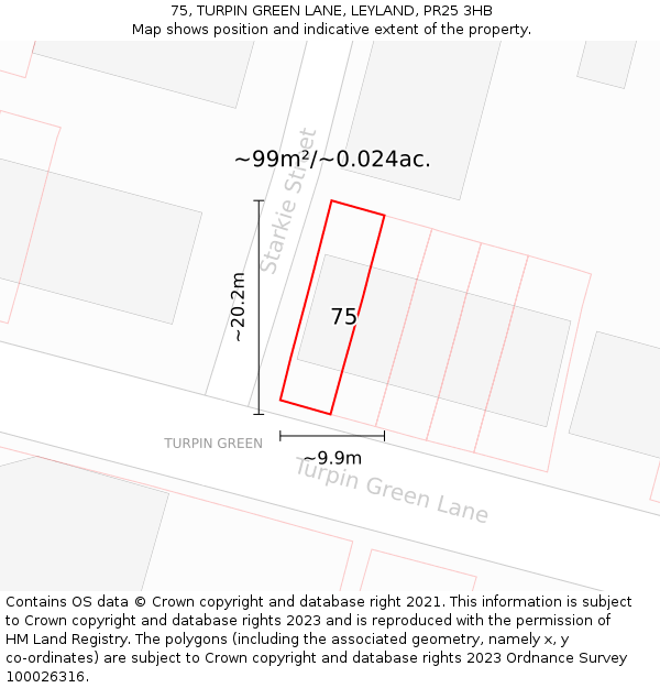 75, TURPIN GREEN LANE, LEYLAND, PR25 3HB: Plot and title map