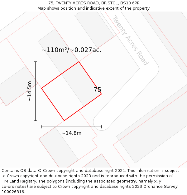 75, TWENTY ACRES ROAD, BRISTOL, BS10 6PP: Plot and title map
