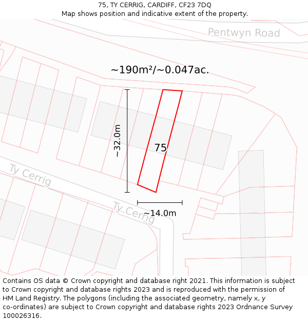 75, TY CERRIG, CARDIFF, CF23 7DQ: Plot and title map