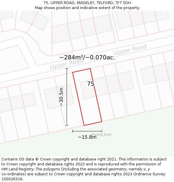 75, UPPER ROAD, MADELEY, TELFORD, TF7 5DH: Plot and title map