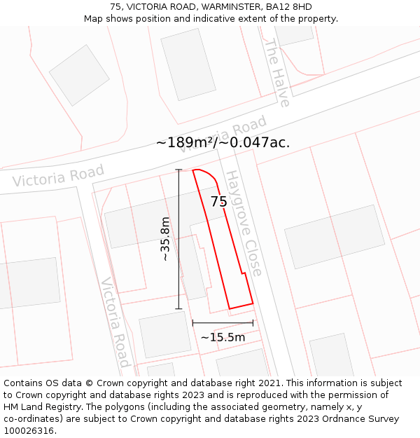 75, VICTORIA ROAD, WARMINSTER, BA12 8HD: Plot and title map