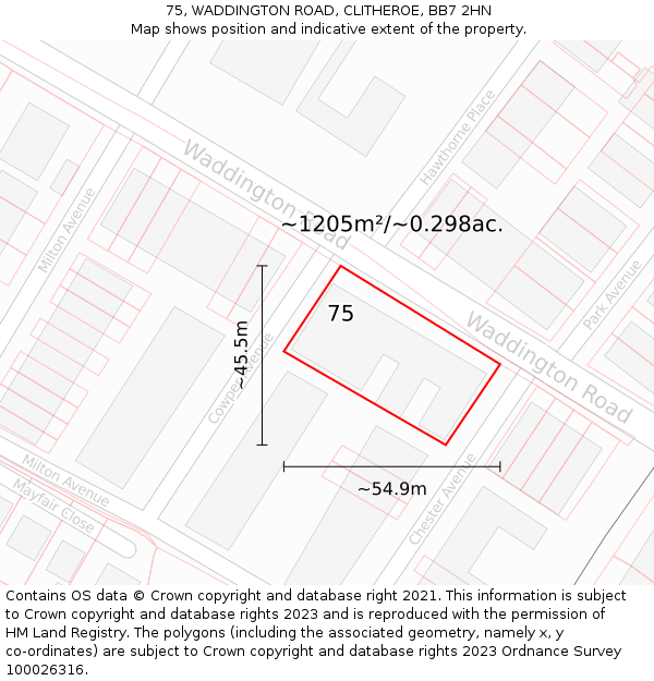 75, WADDINGTON ROAD, CLITHEROE, BB7 2HN: Plot and title map