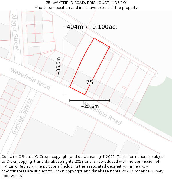 75, WAKEFIELD ROAD, BRIGHOUSE, HD6 1QJ: Plot and title map