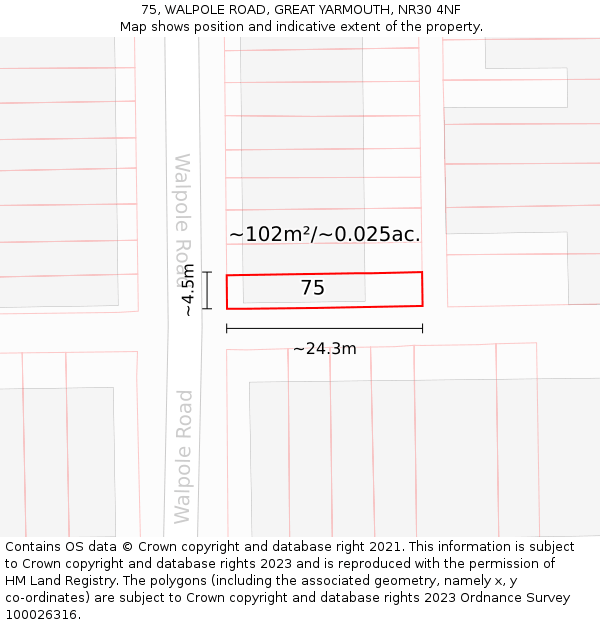 75, WALPOLE ROAD, GREAT YARMOUTH, NR30 4NF: Plot and title map
