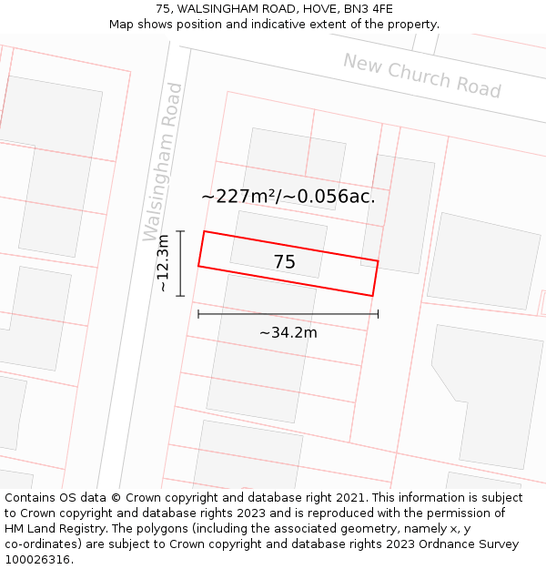 75, WALSINGHAM ROAD, HOVE, BN3 4FE: Plot and title map