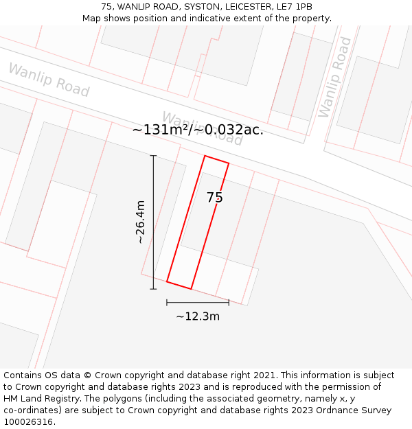 75, WANLIP ROAD, SYSTON, LEICESTER, LE7 1PB: Plot and title map