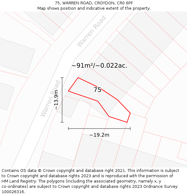 75, WARREN ROAD, CROYDON, CR0 6PF: Plot and title map