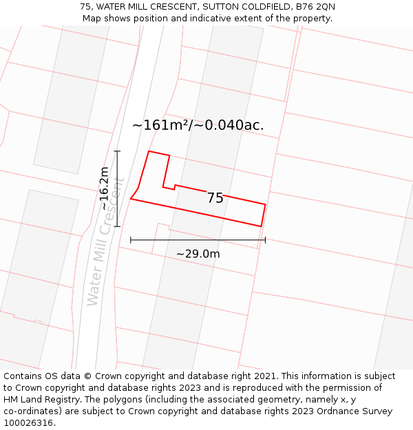 75, WATER MILL CRESCENT, SUTTON COLDFIELD, B76 2QN: Plot and title map
