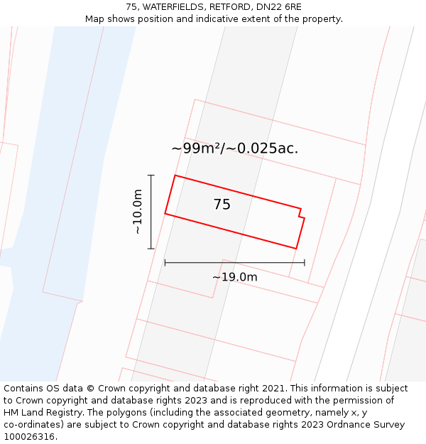 75, WATERFIELDS, RETFORD, DN22 6RE: Plot and title map