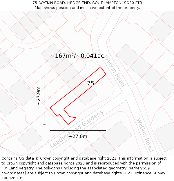 75, WATKIN ROAD, HEDGE END, SOUTHAMPTON, SO30 2TB: Plot and title map
