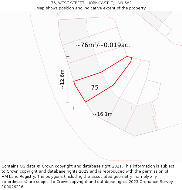 75, WEST STREET, HORNCASTLE, LN9 5AF: Plot and title map