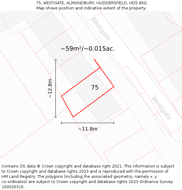 75, WESTGATE, ALMONDBURY, HUDDERSFIELD, HD5 8XQ: Plot and title map