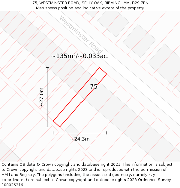 75, WESTMINSTER ROAD, SELLY OAK, BIRMINGHAM, B29 7RN: Plot and title map