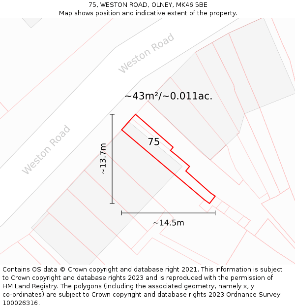 75, WESTON ROAD, OLNEY, MK46 5BE: Plot and title map