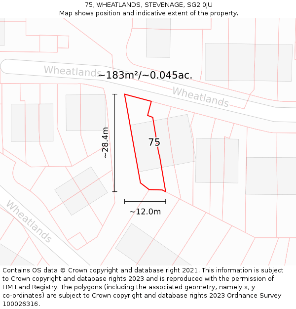 75, WHEATLANDS, STEVENAGE, SG2 0JU: Plot and title map