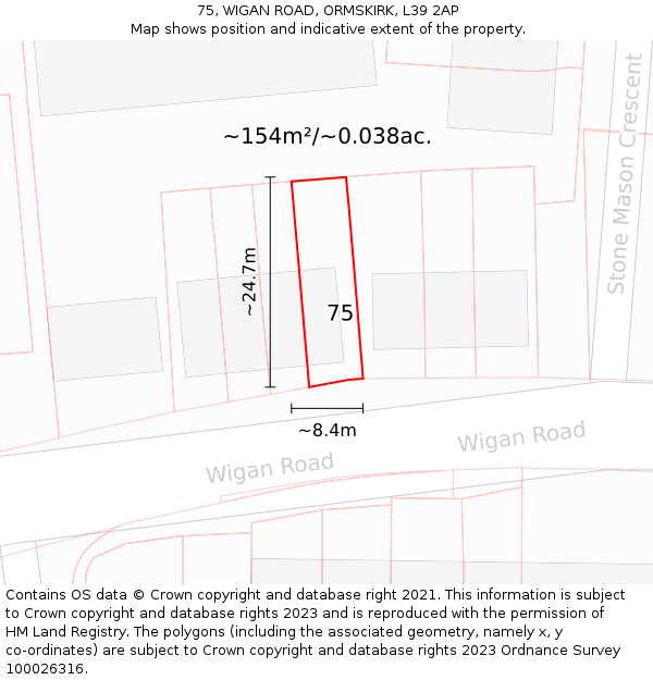 75, WIGAN ROAD, ORMSKIRK, L39 2AP: Plot and title map